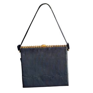 Chic 1950s Graceline Master Black Box Purse with Elegant Gold Trim Wrist Strap